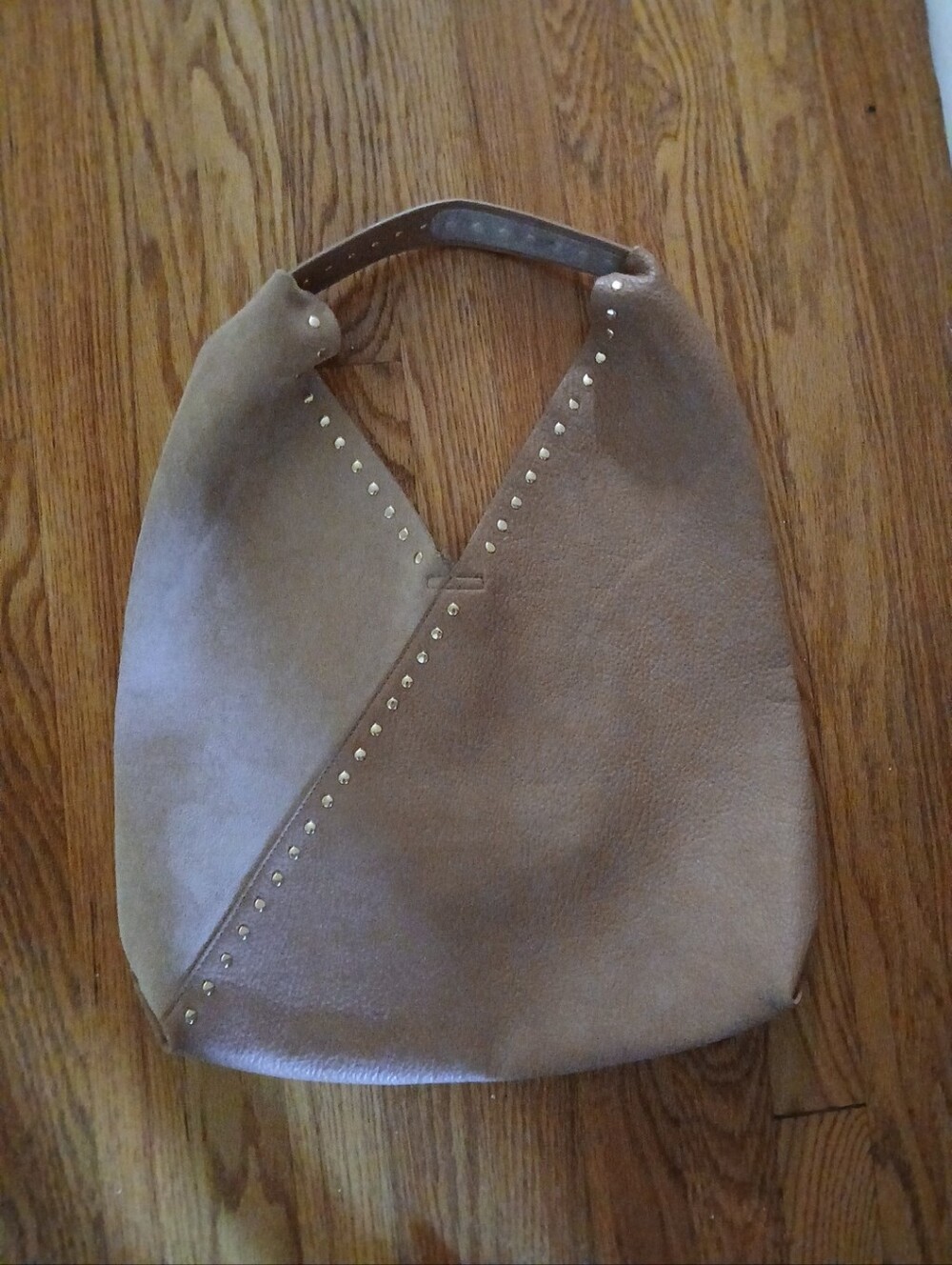 Shiraleah Ryker Vegan Leather & Suede Hobo Tote Tan and Beige  ■ Rivet Detailing